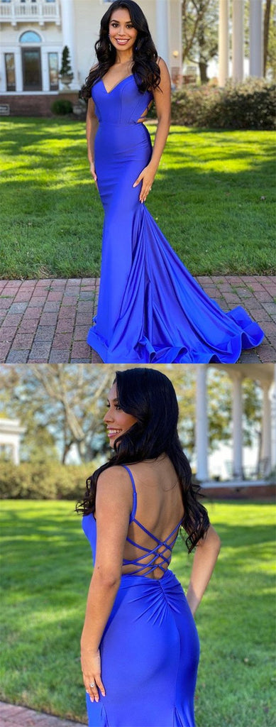 Royal Blue Mermaid Spaghetti Straps V-neck Backless Long Prom Dresses Online,12439