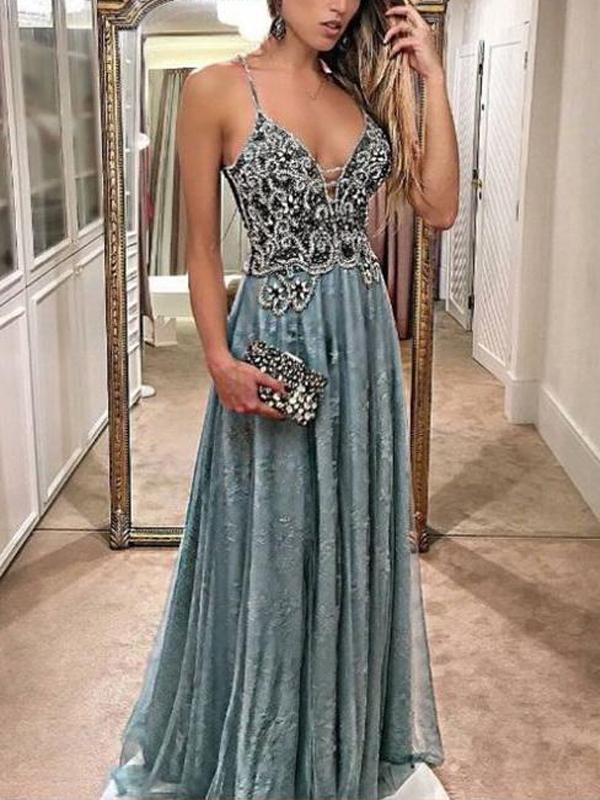 Sage Green Halter Delicate Beaded V Neck Lace Long Evening Prom Dresses, 17477