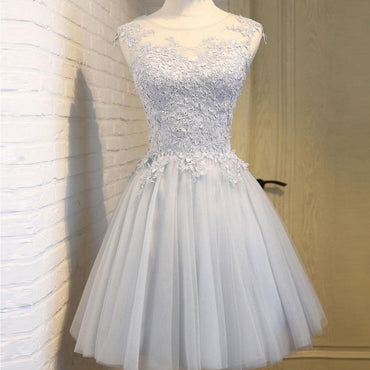 Scoop Neckline Gray Lace Cute Homecoming Prom Dresses, Affordable Short Party Prom Sweet 16 Dresses, Perfect Homecoming Cocktail Dresses, CM336