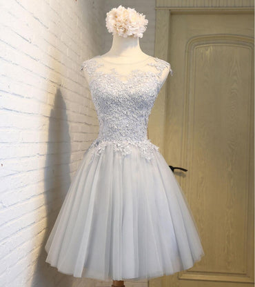 Scoop Neckline Gray Lace Cute Homecoming Prom Dresses, Affordable Short Party Prom Sweet 16 Dresses, Perfect Homecoming Cocktail Dresses, CM336