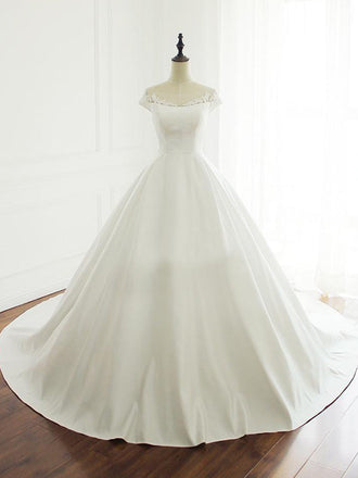 Scoop Neckline Simple Short Sleeve A Line Lace Wedding Bridal Dresses, Custom Made Wedding Dresses, Affordable Wedding Bridal Gowns, WD233