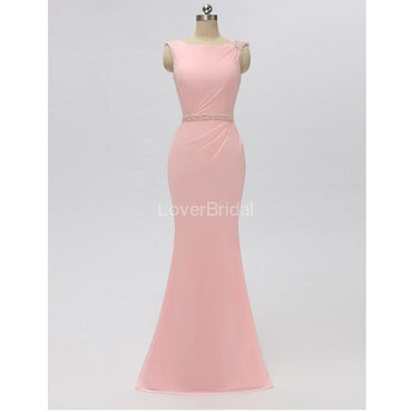 Scoop Pink Chiffon Mermaid Long Cheap Bridesmaid Dresses Online, WG604