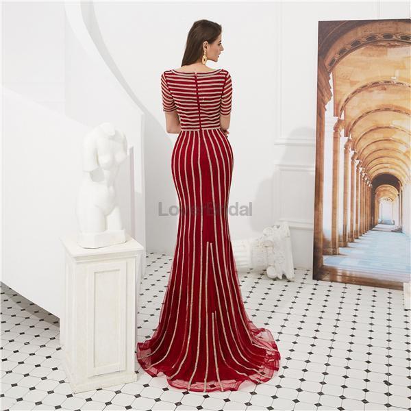 Scoop Short Sleeves Beaded Red Evening Prom Dresses, Evening Party Prom Dresses, 12081