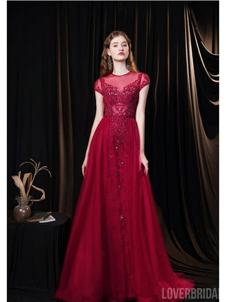 See Through Burgundy A-line Short Sleeves Long Prom Dresses Online,12576