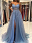 See Through Dusty Blue A-line Spaghetti Straps High Slit Long Prom Dresses,12749