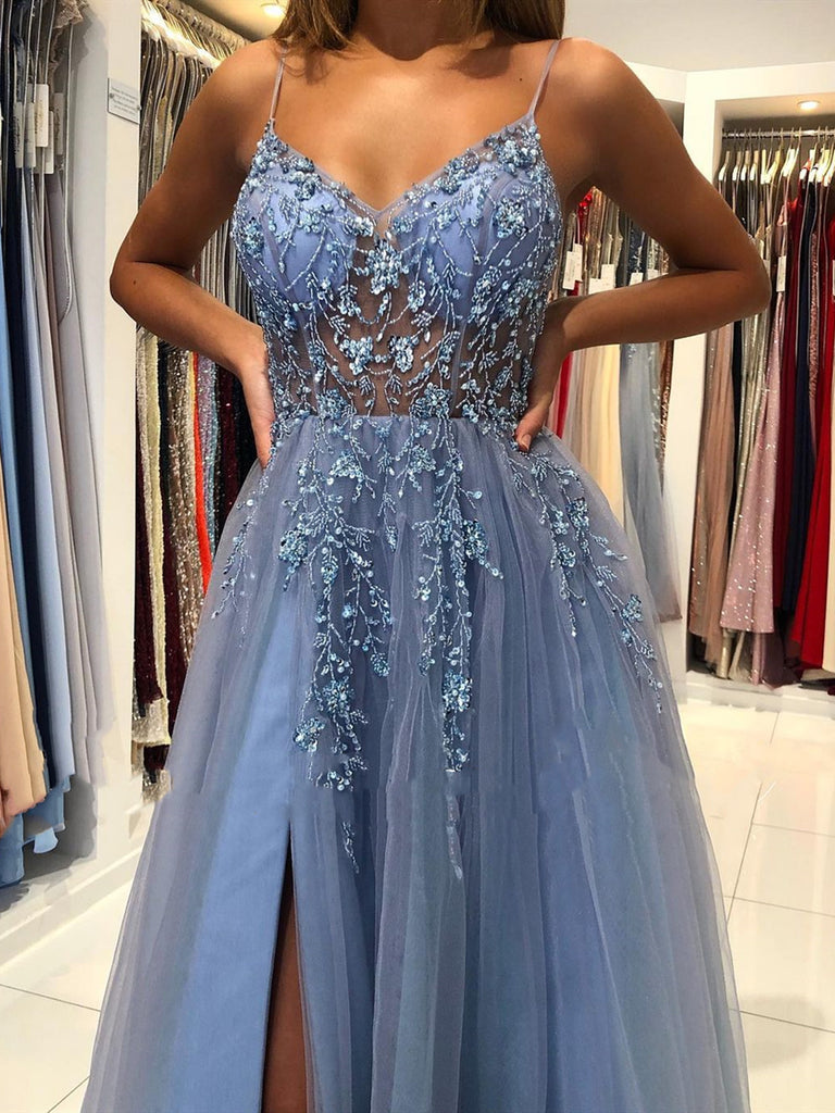 See Through Dusty Blue A-line Spaghetti Straps High Slit Long Prom Dresses,12749