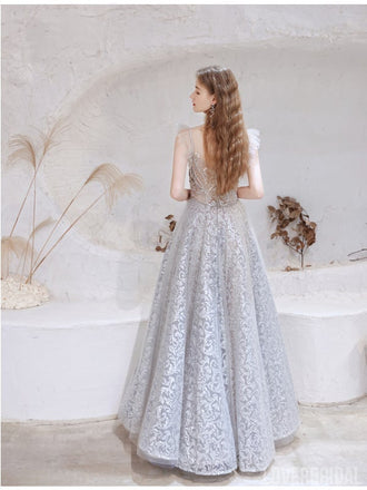 See Through Grey A-line Illusion Spaghetti Straps Long Prom Dresses Online,12565