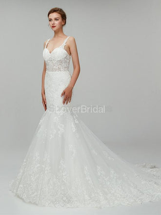 See Through Straps Lace Mermaid Cheap Wedding Dresses Online, Unique Bridal Dresses, WD558