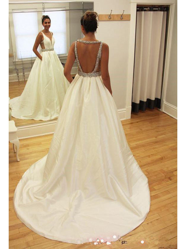 Sexy Backless Deep V Neckline Long Wedding Dresses, Simple Long Custom Wedding Gowns, Affordable Bridal Dresses, 17093