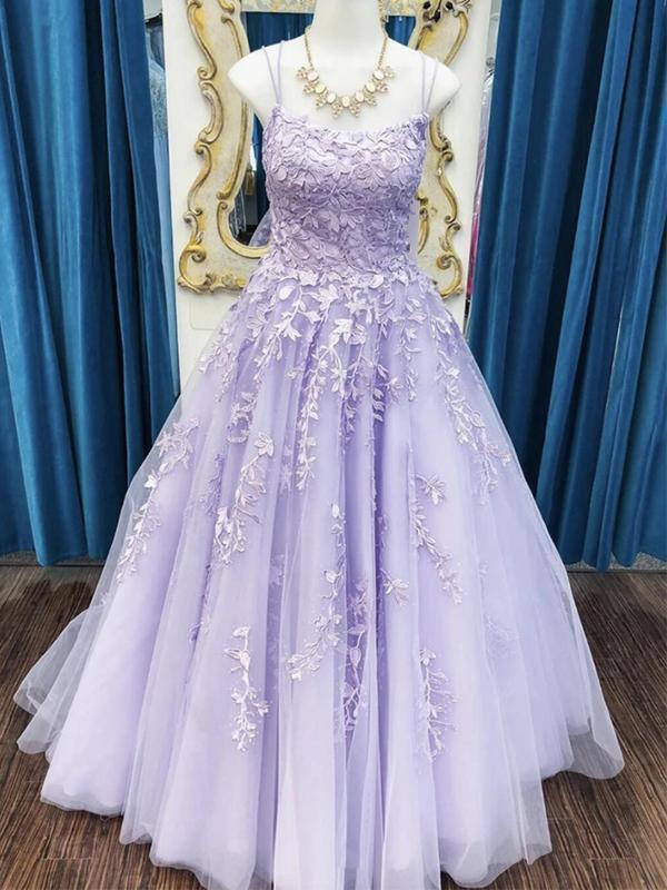 Sexy Backless Lilac Lace Beaded A-line Long Evening Prom Dresses, Evening Party Prom Dresses, 12301