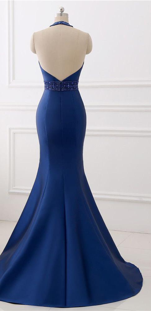 Sexy Backless See Through Royal Blue Halter Mermaid Evening Prom Dresses, Popular Unique Party Prom Dress, Custom Long Prom Dresses, Cheap Formal Prom Dresses, 18002