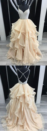 Sexy Backless V Neck Beaded Ruffle Long Custom Evening Prom Dresses, 17413