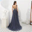 Sexy Backless V Neck Grey Beaded Evening Prom Dresses, Evening Party Prom Dresses, 12077