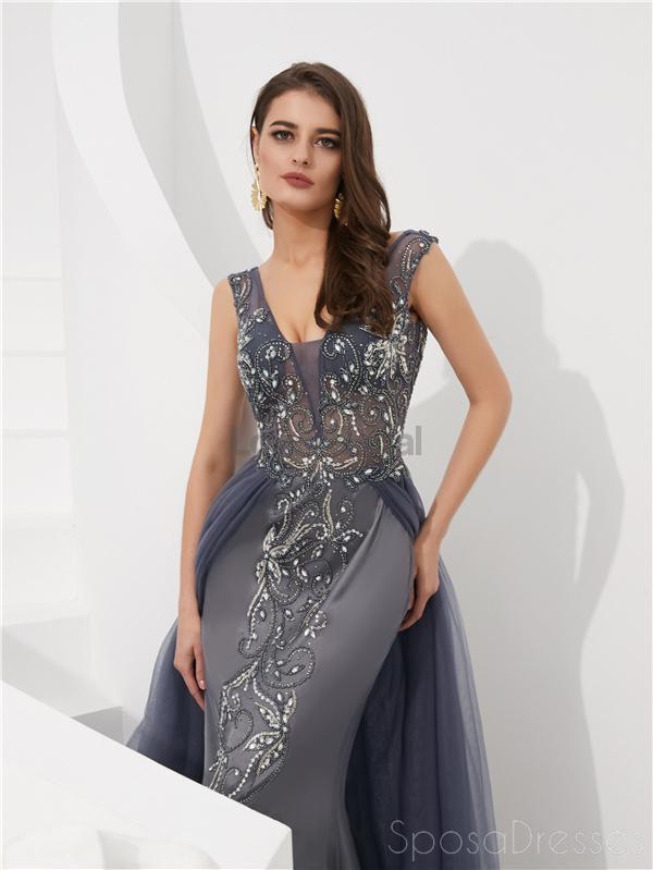 Sexy Backless V Neck Grey Beaded Evening Prom Dresses, Evening Party Prom Dresses, 12077