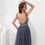 Sexy Backless V Neck Grey Beaded Evening Prom Dresses, Evening Party Prom Dresses, 12077