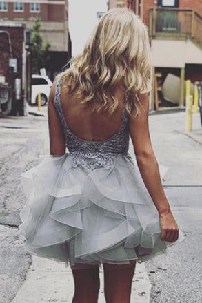 Sexy Backless V Neck Grey Cheap Short Homecoming Dresses Online, CM651