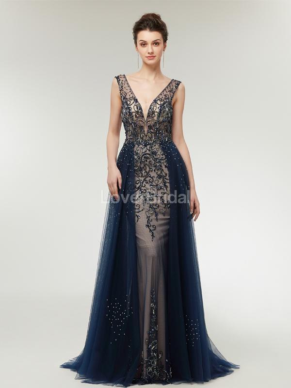 Sexy Backless V Neck Heavily Beaded Navy Long Evening Prom Dresses, Evening Party Prom Dresses, 12006