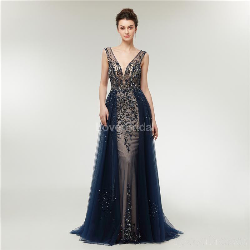 Sexy Backless V Neck Heavily Beaded Navy Long Evening Prom Dresses, Evening Party Prom Dresses, 12006