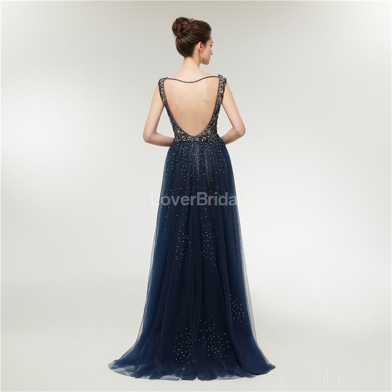 Sexy Backless V Neck Heavily Beaded Navy Long Evening Prom Dresses, Evening Party Prom Dresses, 12006