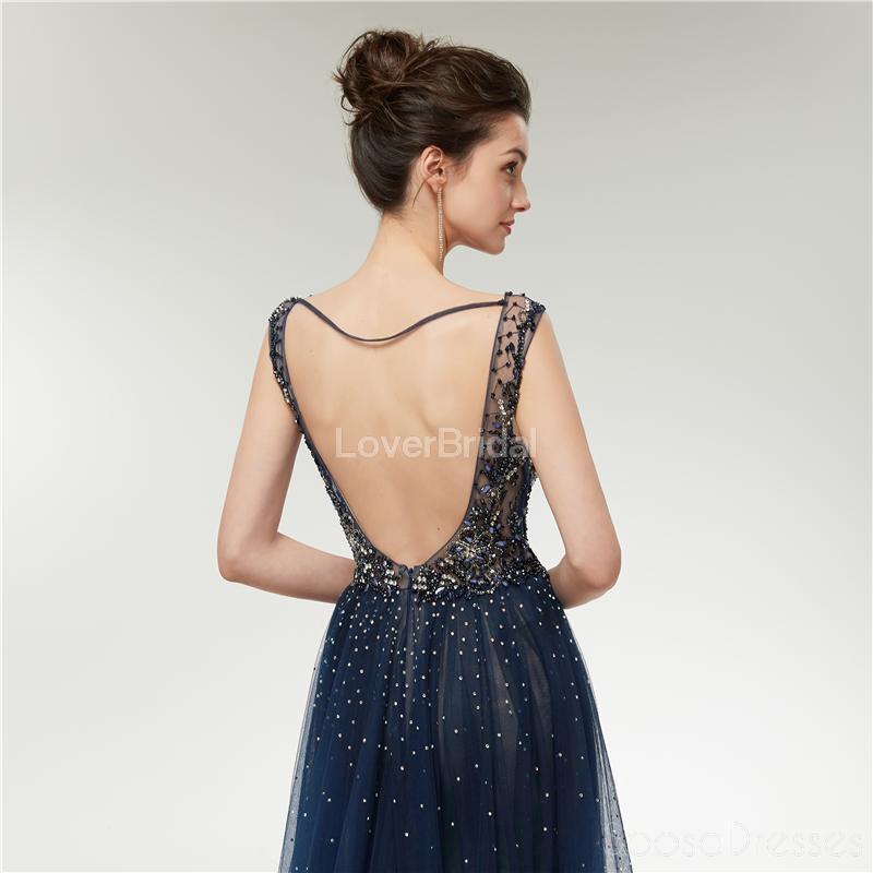 Sexy Backless V Neck Heavily Beaded Navy Long Evening Prom Dresses, Evening Party Prom Dresses, 12006