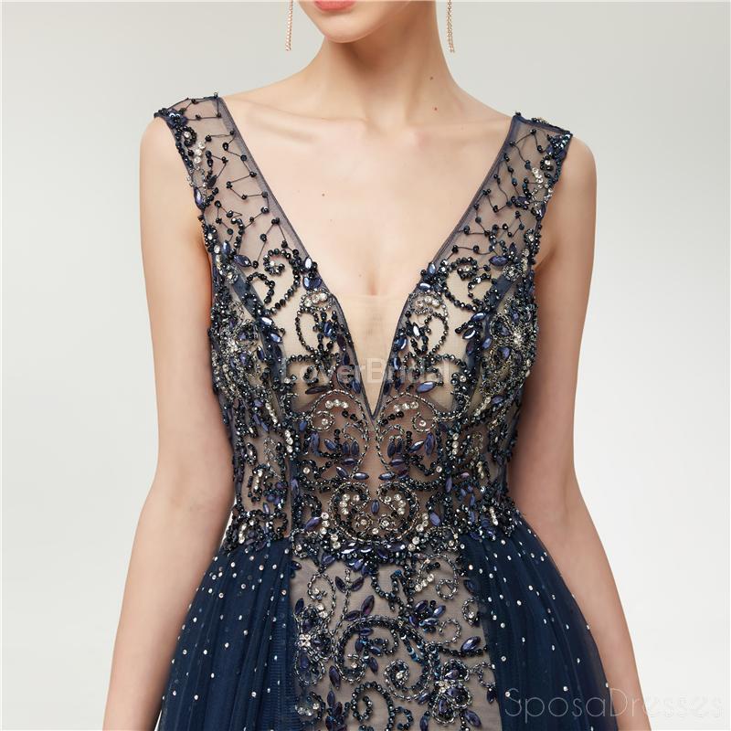 Sexy Backless V Neck Heavily Beaded Navy Long Evening Prom Dresses, Evening Party Prom Dresses, 12006