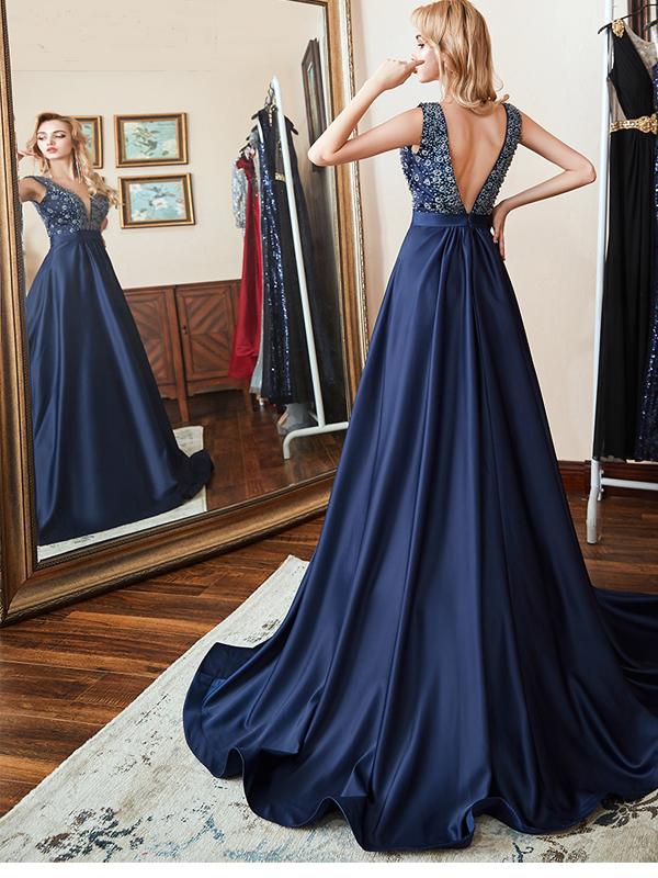 Sexy Blue A-line Straps V-neck Backless Cheap Long Party Prom Dresses Online,12364