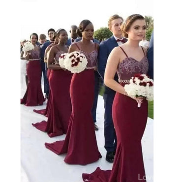 Sexy Burgundy Mermaid Spaghetti Straps Long Bridesmaid Dresses,WG1072