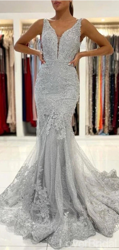 Sexy Grey Mermaid Straps V-neck Cheap Long Prom Dresses Online,12646