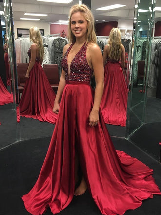Sexy Halter Backless Side Silt Burgundy V Neck A line Long Custom Evening Prom Dresses, 17434