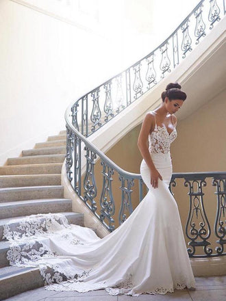 Sexy Long Mermaid See Through Spaghetti Straps Lace Wedding Dresses,WD737
