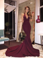 Sexy Mermaid Maroon Backless Evening Prom Dresses, Long Deep V Neckline Party Prom Dress, Custom Long Prom Dresses, Cheap Formal Prom Dresses, 17118