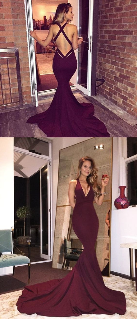 Sexy Mermaid Maroon Backless Evening Prom Dresses, Long Deep V Neckline Party Prom Dress, Custom Long Prom Dresses, Cheap Formal Prom Dresses, 17118