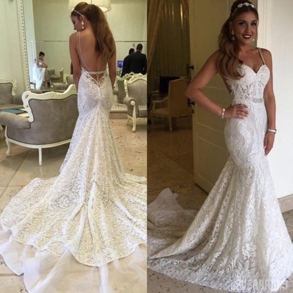 Sexy Mermaid Spaghetti Backless Lace Bridal Gown, Wedding Party Dresses, WD0053