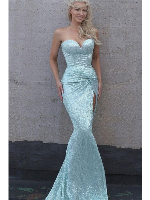 Sexy Mermaid Strapless Sweetheart High Slit Maxi Long Prom Dresses,13059