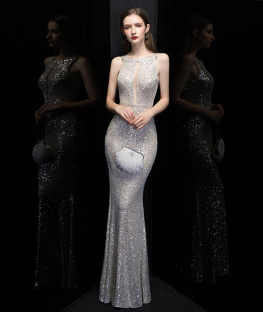 Sexy Mermaid V Neck Sequin Long Evening Prom Dresses, Evening Party Prom Dresses, 12321