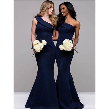 Sexy Navy Blue Mermaid One Shoulder Cheap Long Bridesmaid Dresses,WG1075