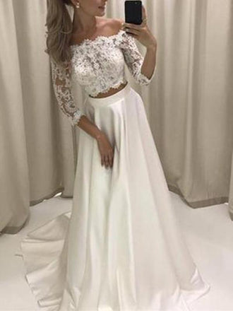 Sexy Off Shoulder Long Sleeve Two Pieces White Long Evening Prom Dresses, 17467