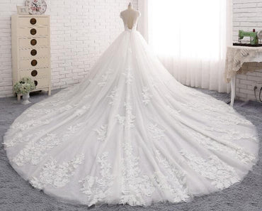Sexy Open Back Cap Sleeve Long Tail Lace Wedding Bridal Dresses, Custom Made Wedding Dresses, Affordable Wedding Bridal Gowns, WD240