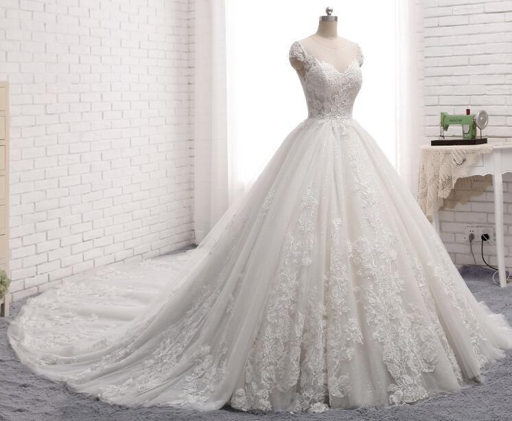 Sexy Open Back Cap Sleeve Long Tail Lace Wedding Bridal Dresses, Custom Made Wedding Dresses, Affordable Wedding Bridal Gowns, WD240
