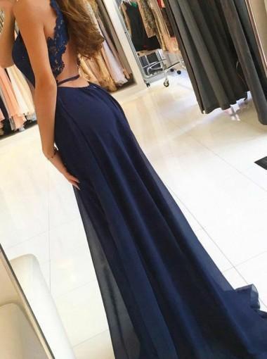 Sexy Open Back Halter Navy Long Evening Prom Dresses, Cheap Sweet 16 Dresses, 18309