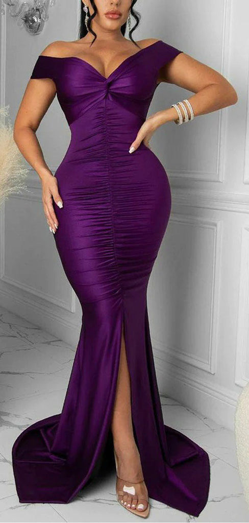 Sexy Purple Mermaid Off Shoulder V-neck Cheap Long Bridesmaid Dresses,WG1399