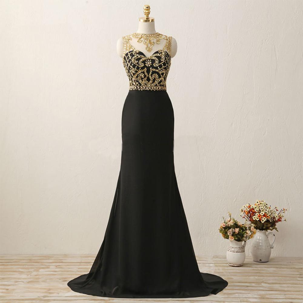 Sexy See Through Gold Heavily Beaded Black Evening Prom Dresses, Popular Party Prom Dresses, Custom Long Prom Dresses, Cheap Formal Prom Dresses, 17203