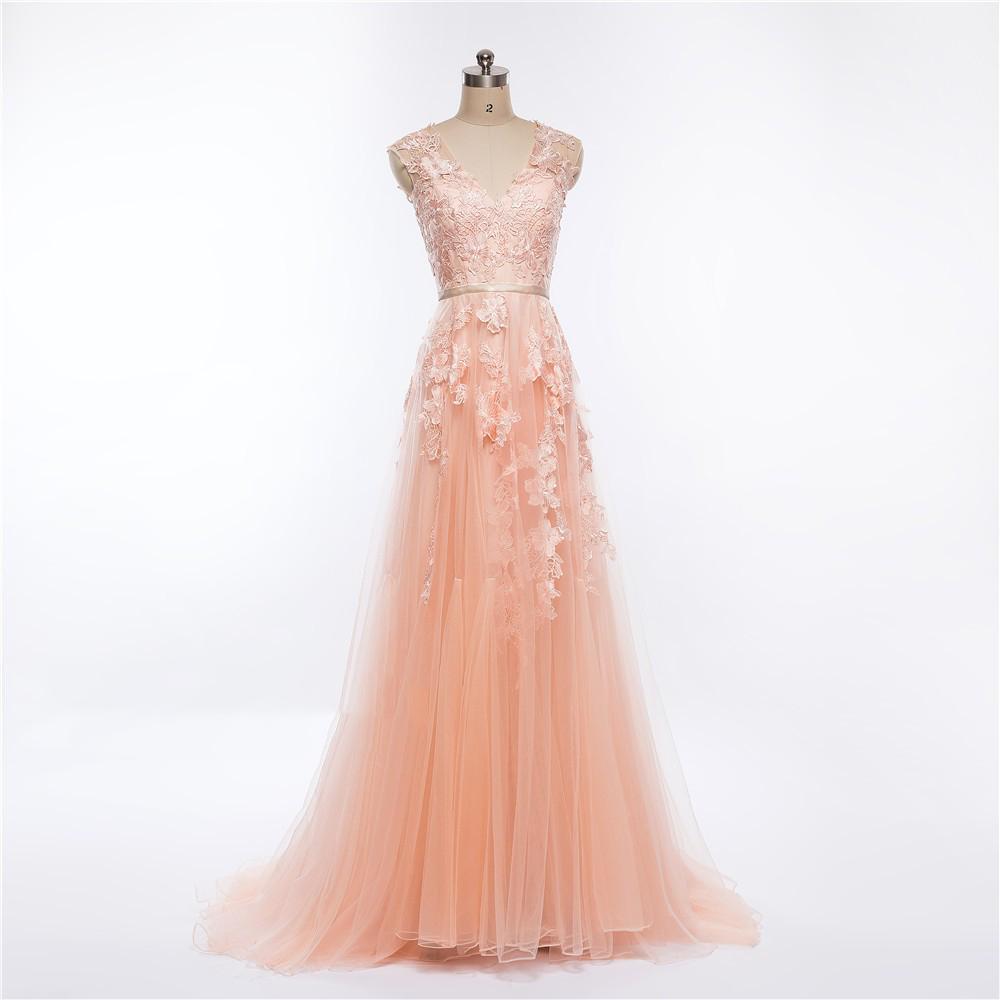 Sexy See Through V Neckline Peach Long Evening Prom Dresses, Popular Cheap Long Party Prom Dresses, 17224