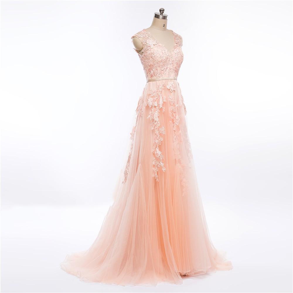 Sexy See Through V Neckline Peach Long Evening Prom Dresses, Popular Cheap Long Party Prom Dresses, 17224