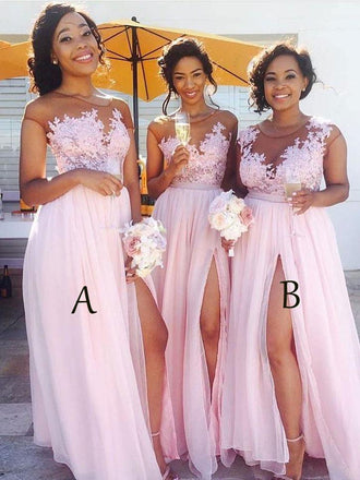 Sexy Side Slit Cap Sleeve Pink Custom Long Bridesmaid Dresses, WG233