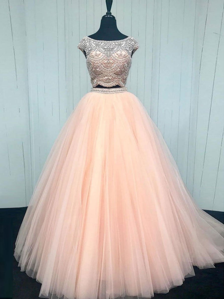 Sexy Two Pieces Cap Sleeve Beaded Bodice Blush Pink Tulle Skirt  Back Long Cheap Evening Prom Dresses, 17343