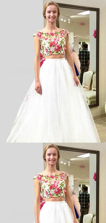 Sexy Two Pieces Cute Hande Made Flower Long Evening Prom Dresses, Cheap Sweet 16 Dresses, 18334