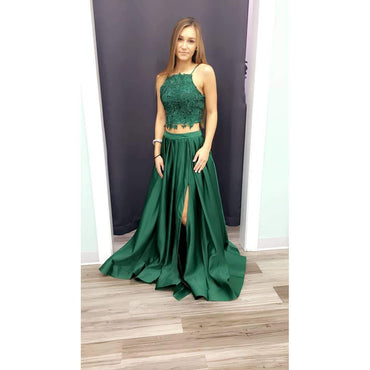 Sexy Two Pieces Emerald Green Side Slit Lace Bodice Long Evening Prom Dresses, Popular Cheap Long Custom Party Prom Dresses, 17319