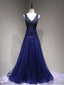 Sexy V Neck Navy Blue Beaded A-line Long Evening Prom Dresses, 17622