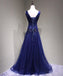 Sexy V Neck Navy Blue Beaded A-line Long Evening Prom Dresses, 17622